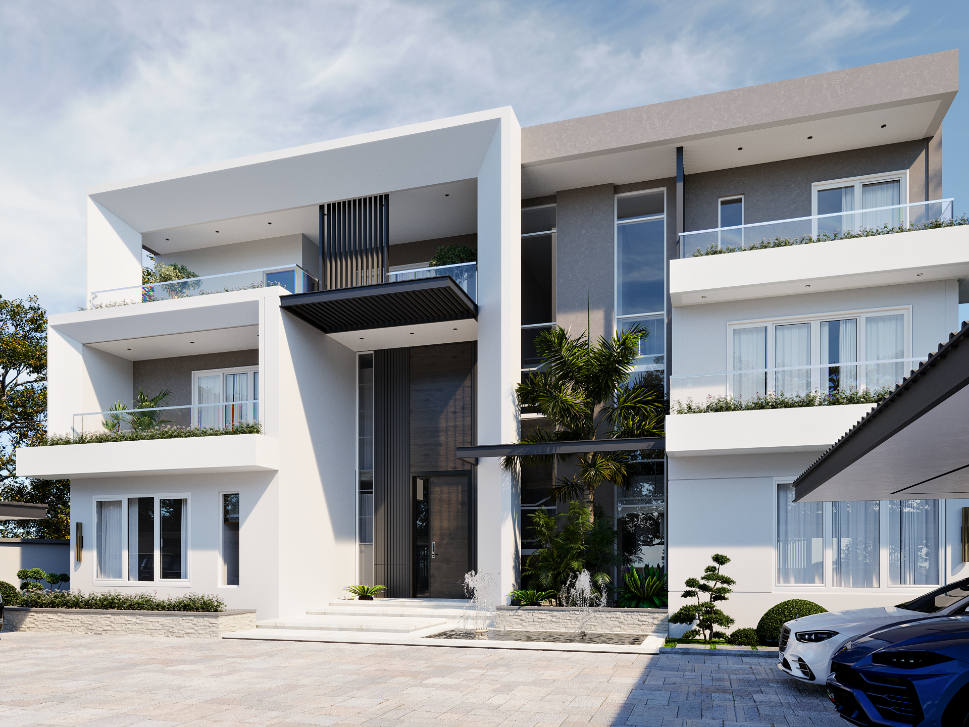 Villa Q kitchen interior and curb appeal architectural visualization